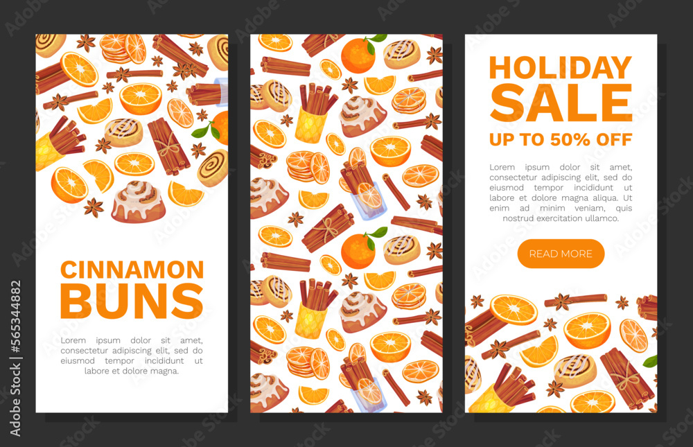 Naklejka premium Cinnamon Orange Banner Design with Citrus Fruit, Spice Sticks and Bun Vector Template