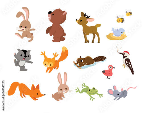 Set collection of different forest wild cartoon creatures animals. Zoo, wood or forest inhabitants, residents. Woodland animals, beast images flat isolated vector illustration.