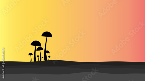 abstract illustration of a group of fungi in their habitat forming a one-third composition silhouette 