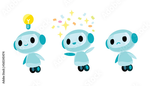 Friendly cute positive little blue cartoon robot with different face expressions in various postures, with idea sign. Technology icon. service chat bot, assistant, online. Robotic happy, unhappy toy