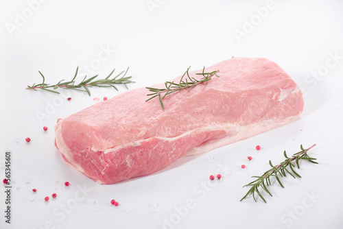 Lombo Raw pork meat with rosemary and peppercorn isolated on white background photo