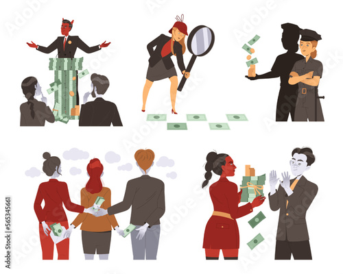 Bribery and Corruption with People Character Giving and Receiving Money Vector Set