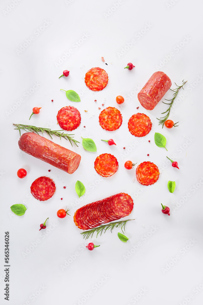 Smoked sausage salami with slices isolated on white background with ...