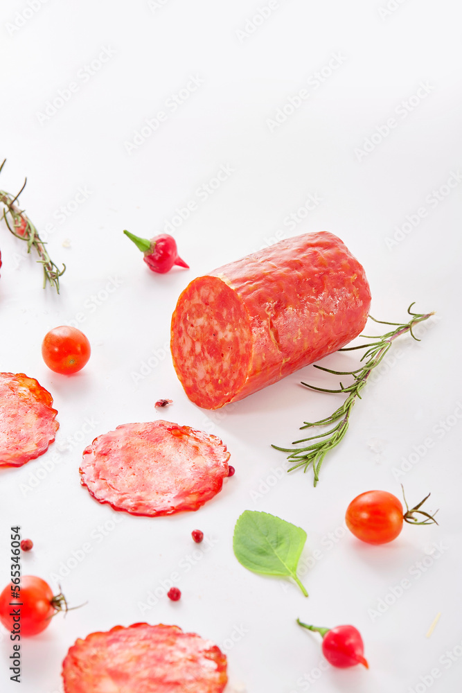 Smoked sausage salami with slices isolated on white background with ...