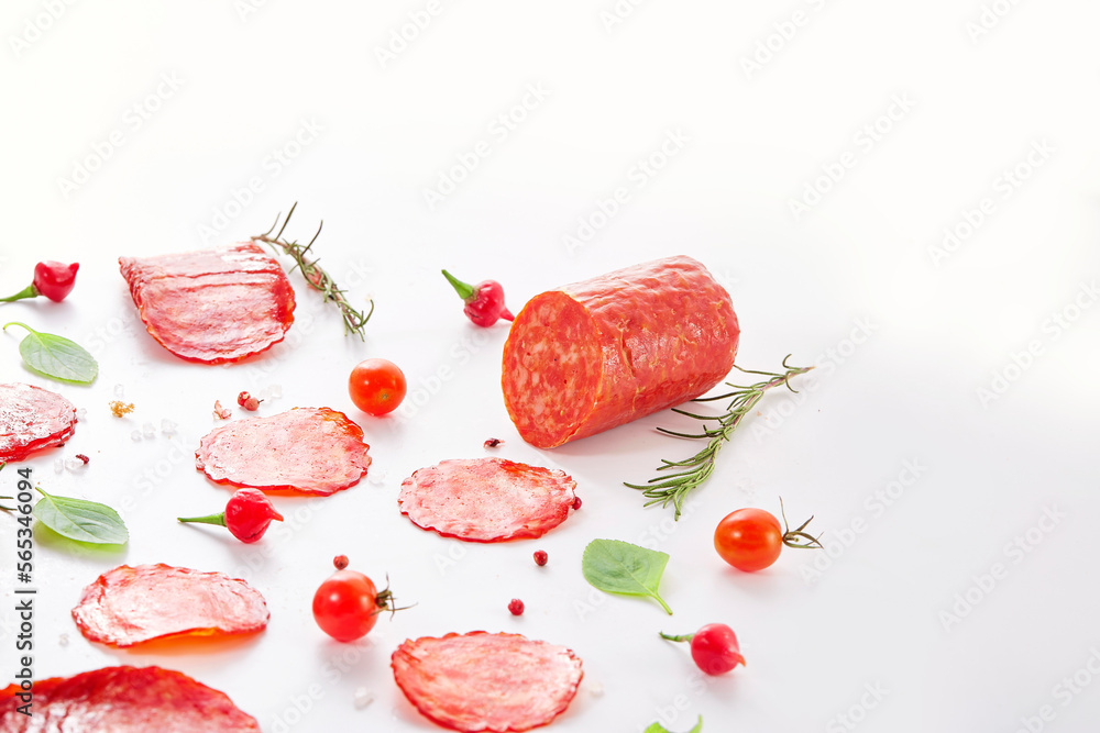 Smoked sausage salami with slices isolated on white background with ...