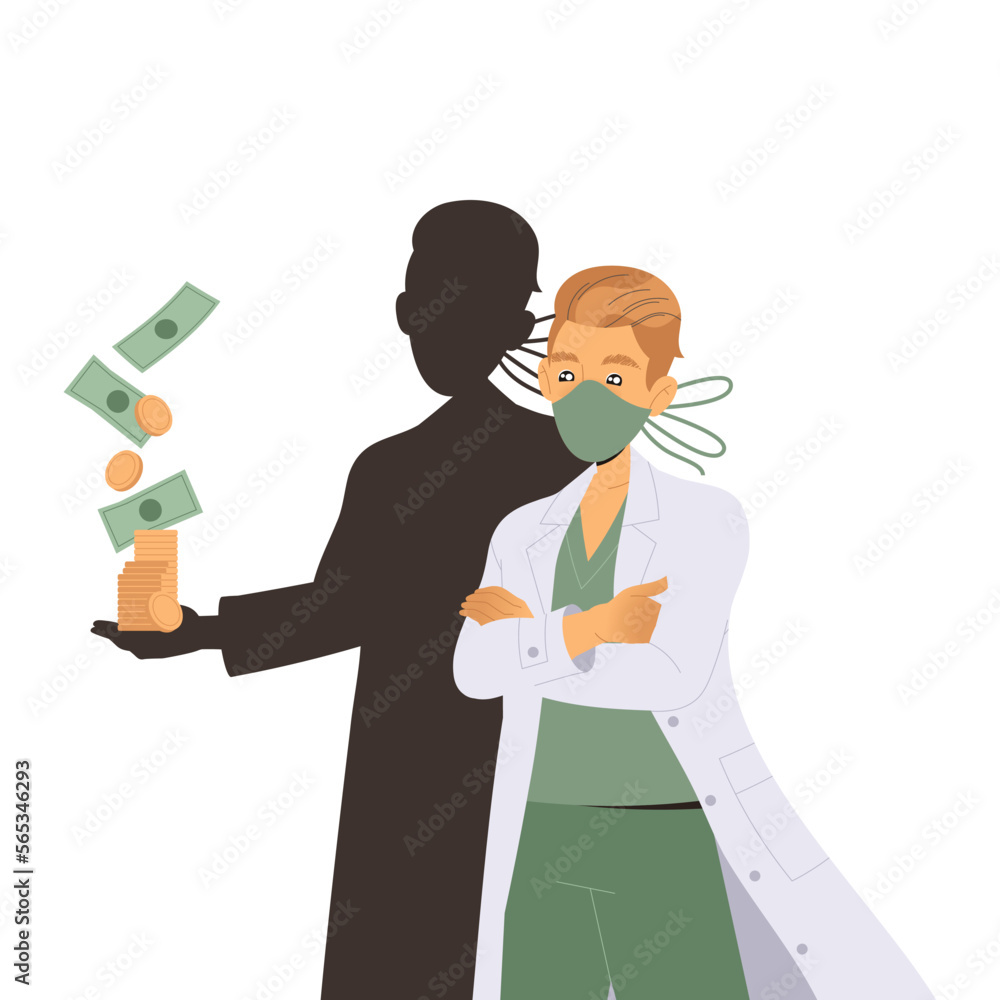 Bribery and Corruption with Man Doctor Character in Mask with Black Shadow Taking Money Vector Illustration Bribery and Corruption with Man Doctor Character in Mask with Black Shadow Taking Money Vector Illustration