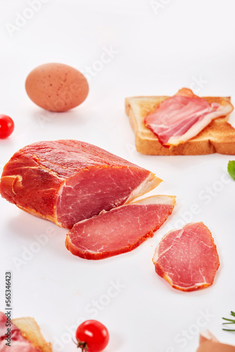 Sliced Smoked bacon, pork brisket, isolated on white background.
