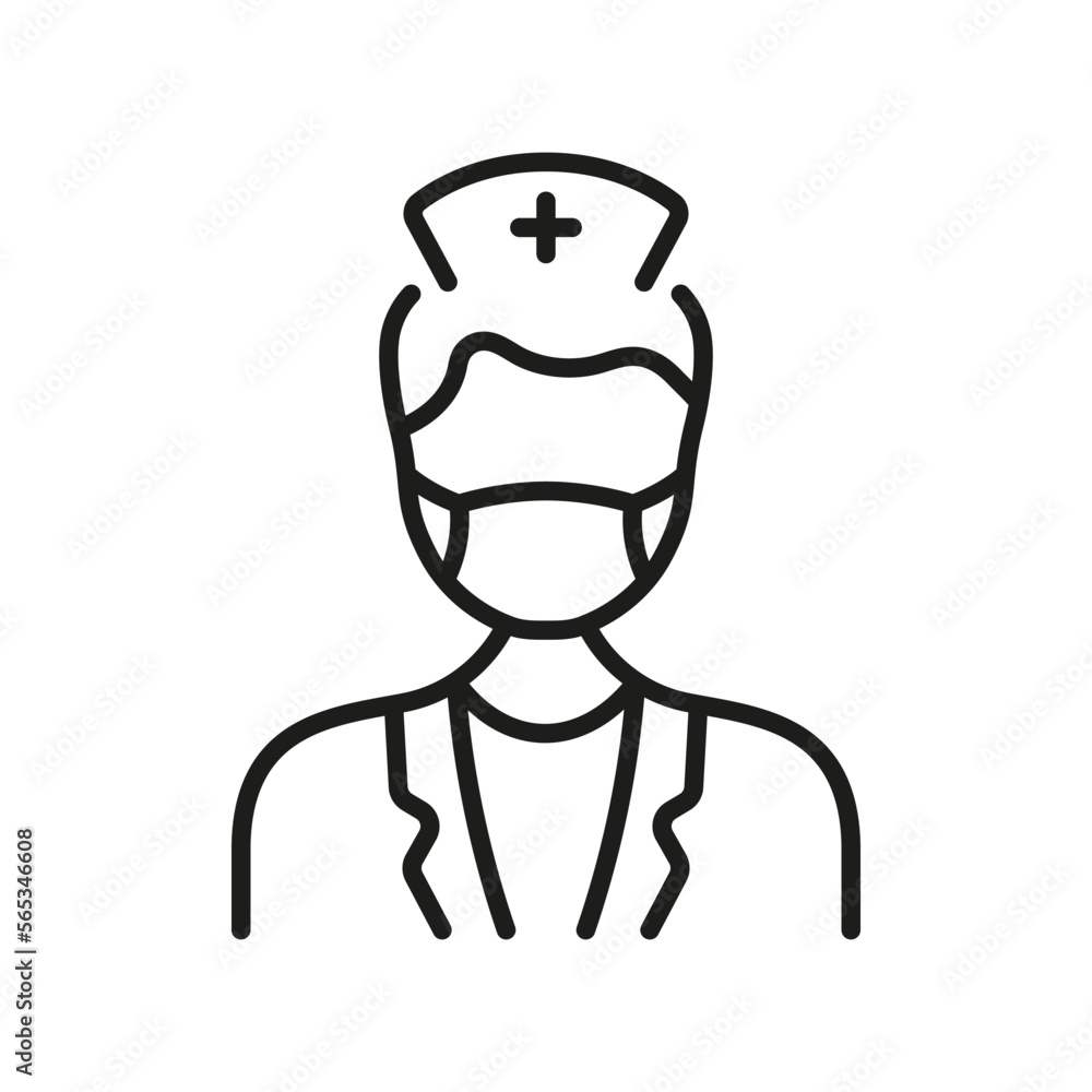 Dental Doctor in Face Mask Linear Pictogram. Physician Specialist, Orthodontist, Endodontist Outline Symbol. Dentist Man Line Icon. Dental Surgeon Sign. Editable Stroke. Isolated Vector Illustration