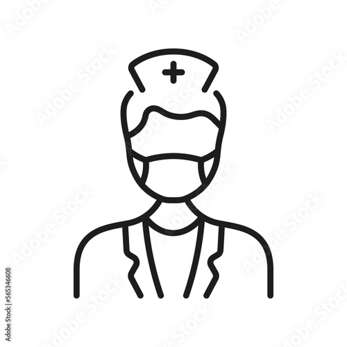 Dental Doctor in Face Mask Linear Pictogram. Physician Specialist, Orthodontist, Endodontist Outline Symbol. Dentist Man Line Icon. Dental Surgeon Sign. Editable Stroke. Isolated Vector Illustration