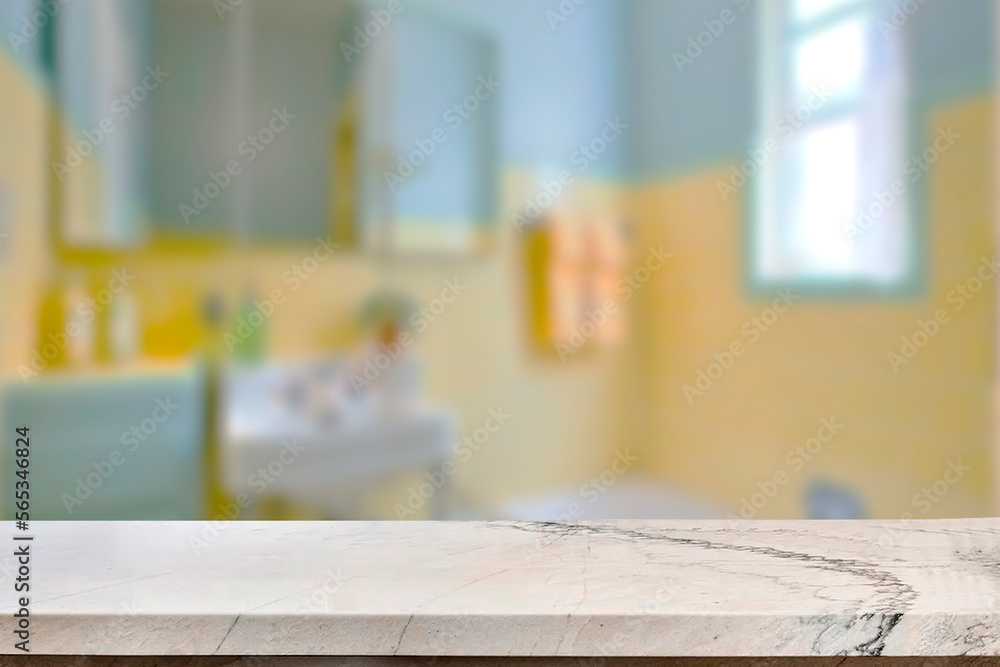 Empty marble top table with blurred bathroom interior Background. for product display.
Empty marble top table with blurred bathroom interior Background. for product display.