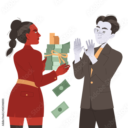 Bribery and Corruption with Woman Character Giving Money to Man Refusing It Vector Illustration