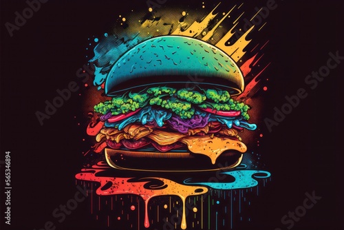 Zeichnung eines Burgers mit Neonfarben (Generative AI)