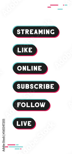 Social media call to action buttons. Streaming live online, follow, like and subscribe. Click here.