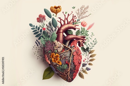 Abstract realistic illustrated colorful love heart made of fresh Spring flowers. Decorative human heart. good for Valentine's Day, celebration, party . Generative AI.
