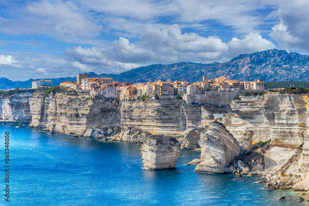 Landscape with Bonifacio town in Corsica island, France