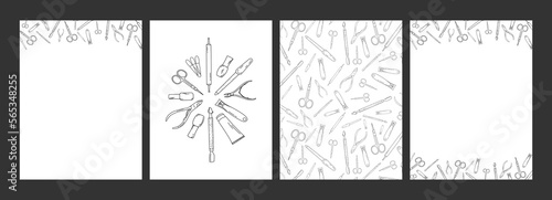 doodle set with accessories, appliances, pattern, manicure and pedicure tools, black lines on a white A4 background, advertising banner, background for a beauty salon
