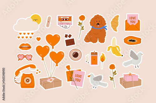 Valentine's Day sticker set. Romantic objects. Sweet, gift box, balloons, rose, phone, dog, bird, love letter, matchbox. Concept of valentine's day, romance, gifts, love. 