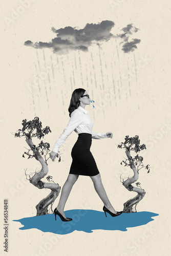 Creative photo 3d collage artwork poster picture of frustrated lonely lady walking outdoors lost job isolated on painting background