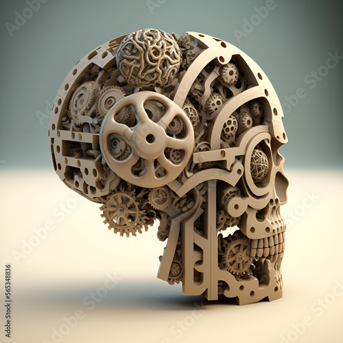 Skull of gears 3D illustration, generative AI