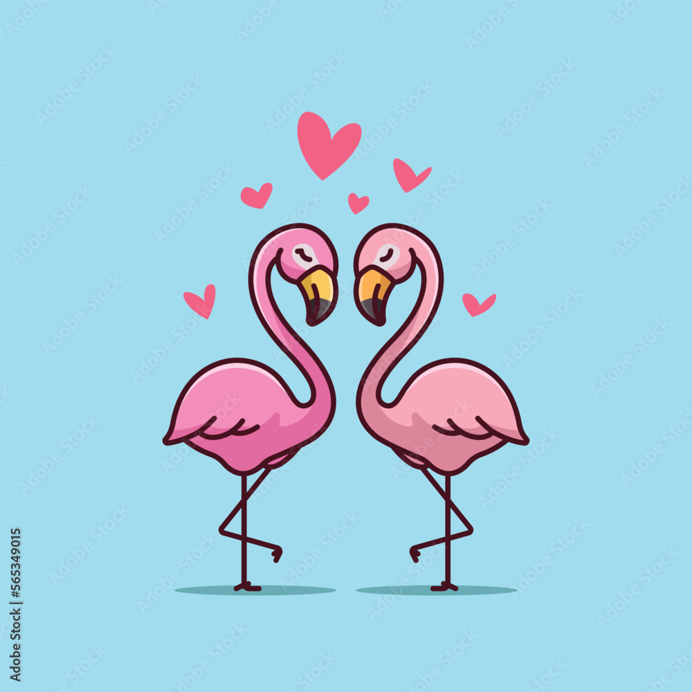 Fototapeta premium Cute flamingo couple love heart cartoon vector illustration animal nature isolated free