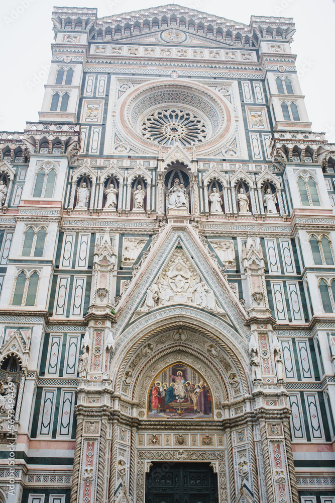 Catholic Cathedral of Santa Maria del Fiore. Giotto's bell tower. Reliefs and frescoes on marble walls. Renaissance Era