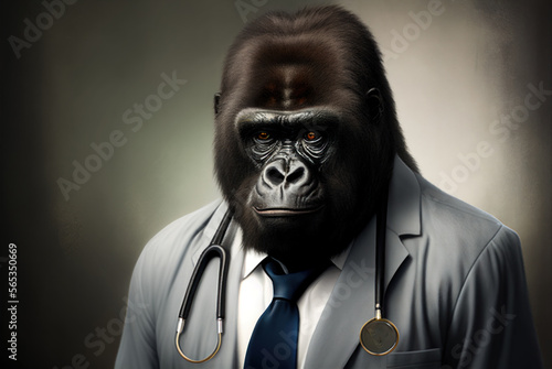 Portrait of a gorilla in a doctor medical uniform, generative ai