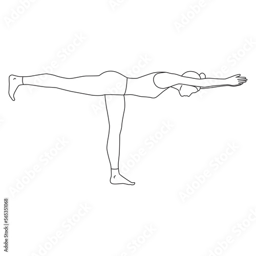 Line art of woman doing Yoga in warrior 3 pose vector. Girl standing with one leg and balancing between her leg and arm.