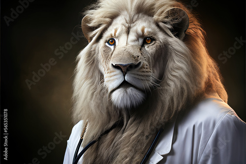 Portrait of a lion in a doctor medical uniform  generative ai