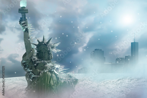 the frozen Statue of Liberty in ice in New York as a symbol of global warming and the problem of climate change, 3d render