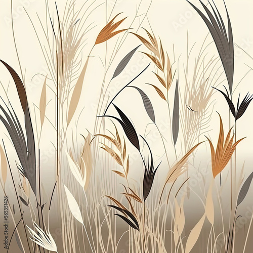 Wheat ears seamless background. Winter, blades of grasses. Grasses outdoor. Winter cold mood. Copy space.Illustration, generative AI.