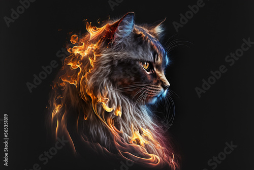 A cat burning on fire of different colors. Generative ai.
