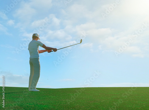 a man playing golf on a golf course 3d render 