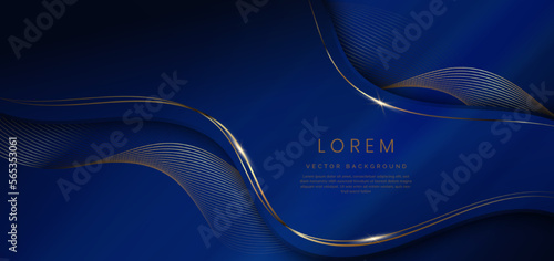 Abstract 3d dark blue background with gold lines curved wavy sparkle with copy space for text. Luxury style template design.