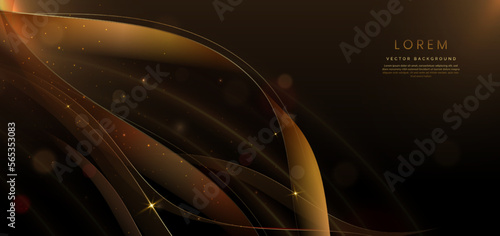 3D gold curved golden ribbon on dark brown background with lighting effect and sparkle with copy space for text. Luxury design style.
