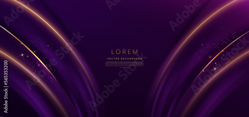 Abstract glowing gold curved lines on dark purple background with lighting effect and sparkle with copy space for text.