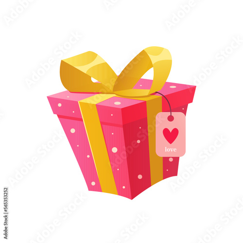 Gift box with a golden bow and a tag with a heart on a white background. Present for Valentine's Day or Birthday. Vector Illustration in cartoon style.