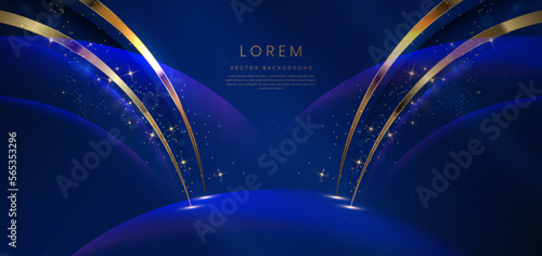Abstract gold curved on dark blue background with lighting effect and sparkle with copy space for text. Luxury template award design style.