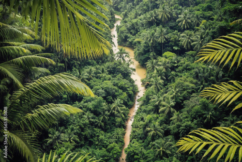 a wide angle photo of a very dense tropical forest with a river flowing through  from above