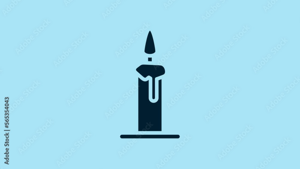 Blue Burning candle in candlestick icon isolated on blue background. Cylindrical candle stick with burning flame. 4K Video motion graphic animation Blue Burning candle in candlestick icon isolated on blue background. Cylindrical candle stick with burning flame. 4K Video motion graphic animation
