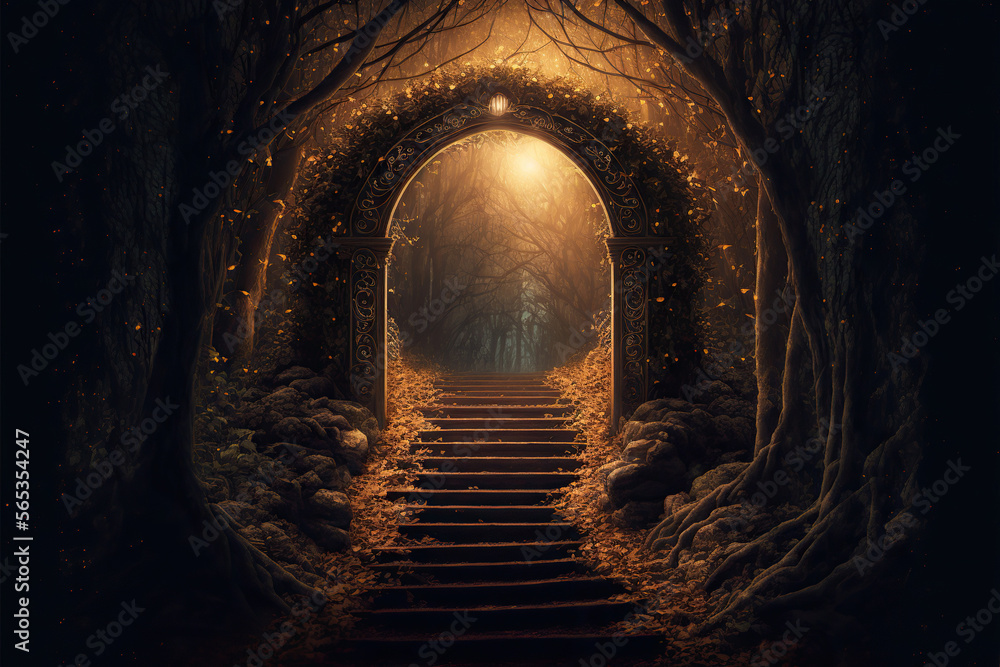 Magical gate in an enchanted fairytale forest, Generative AI