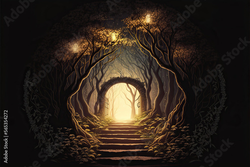 Fantasy gate in an enchanted fairytale forest, vector style, Generative AI photo