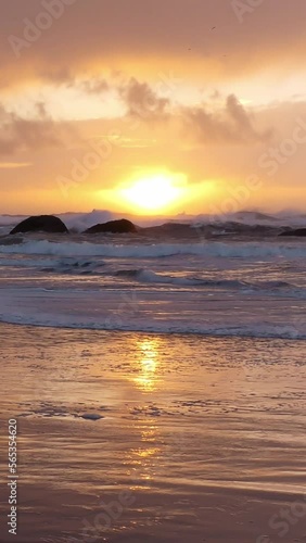 Vertical video of beautiful west coast sunset rocky beach in Bandon Oregon. 