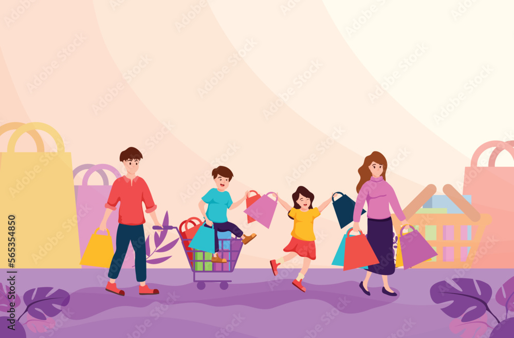 Father,Mother and daughter carring bags in hand.Son  sitting on shopping cart.Family shopper.