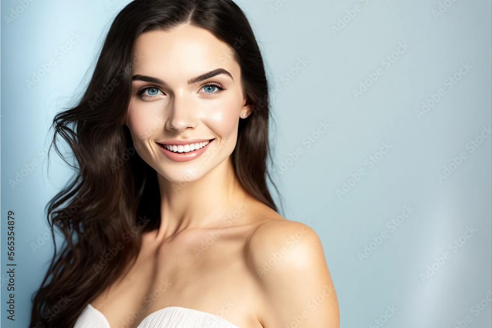 beautiful woman, dark hair, for skin care banner, banner for cosmetic and dental treatment center, generative ai beautiful woman, dark hair, for skin care banner, banner for cosmetic and dental treatment center, generative ai