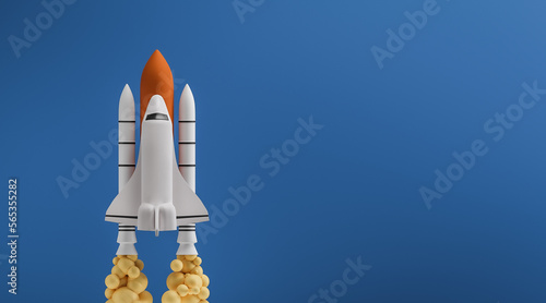 Fototapeta Naklejka Na Ścianę i Meble -  Space shuttle flight 3d render. Spacecraft rocket banner on blue background. 3d illustration