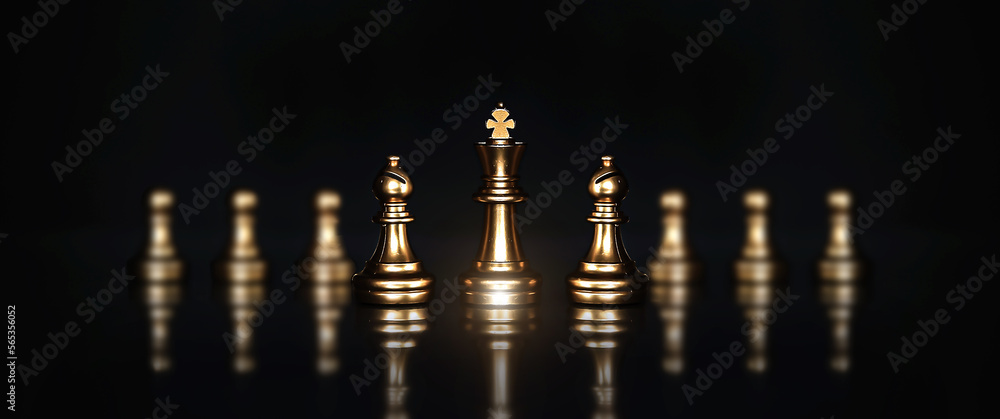King chess pieces stand leader with team concepts of challenge or business teamwork volunteer or wining and leadership strategic plan and risk management or team player.