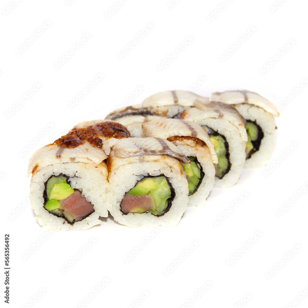 sushi with eel rice nori tuna salmon avocado on white sushi with eel rice nori tuna salmon avocado on white
