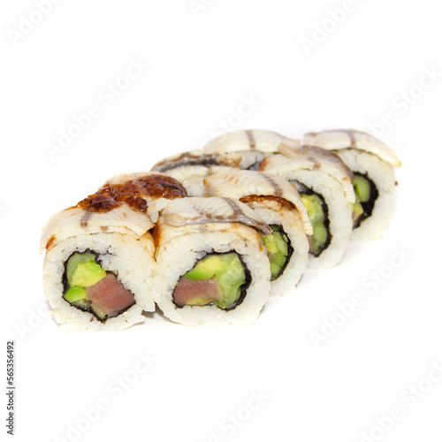 sushi with eel rice nori tuna salmon avocado on white