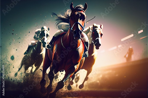 Fotografia, Obraz Horses sport, horse racing in track. Ai Generative
