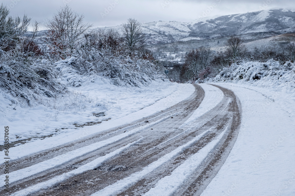 snowy landscape of a snow-covered mountain road in Galicia, Spain. snowy landscape of a snow-covered mountain road in Galicia, Spain.